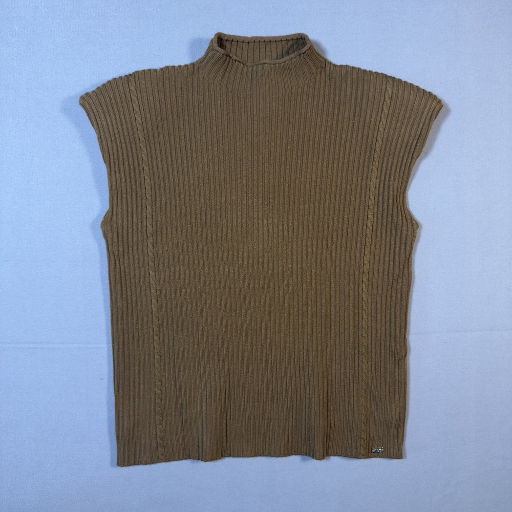 Calvin Klein Sleeveless Mock Neck Sweater Womens S Brown Ribbed Cable Knit NWT